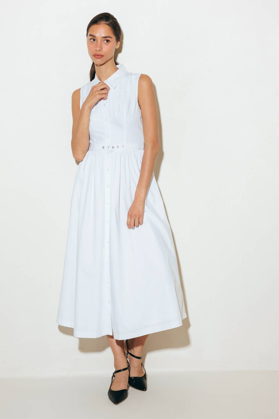 NORTH EAST MIDI - White Cotton Pintuck Midi Shirt Dress