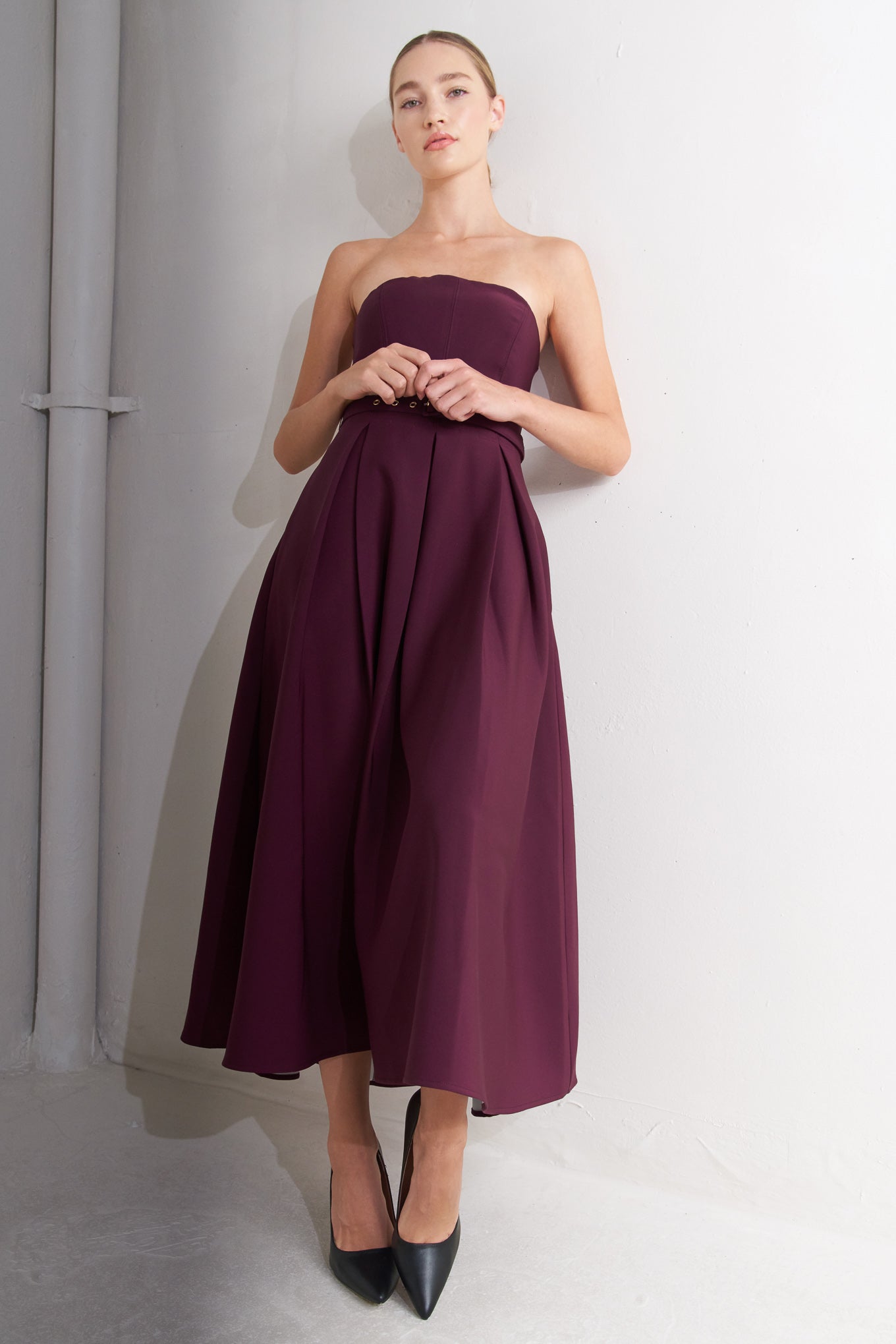 OPERA WINE BURGUNDY MIDI DRESS WITH POCKETS