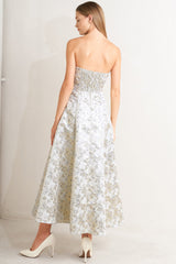 WHITE & GOLD JACQUARD STRAPLESS MIDI DRESS