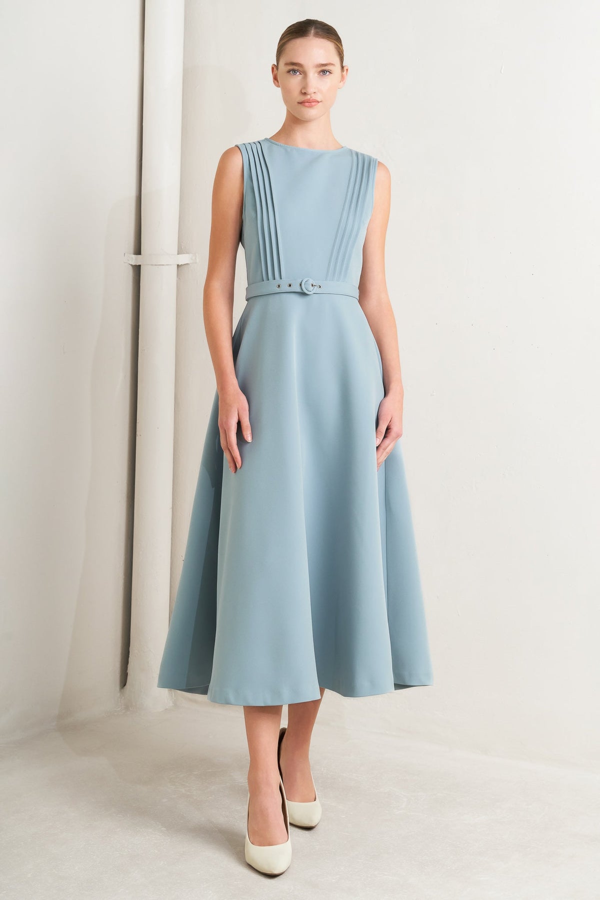 SOFTLY SPOKEN BLUE PINTUCK MIDI DRESS