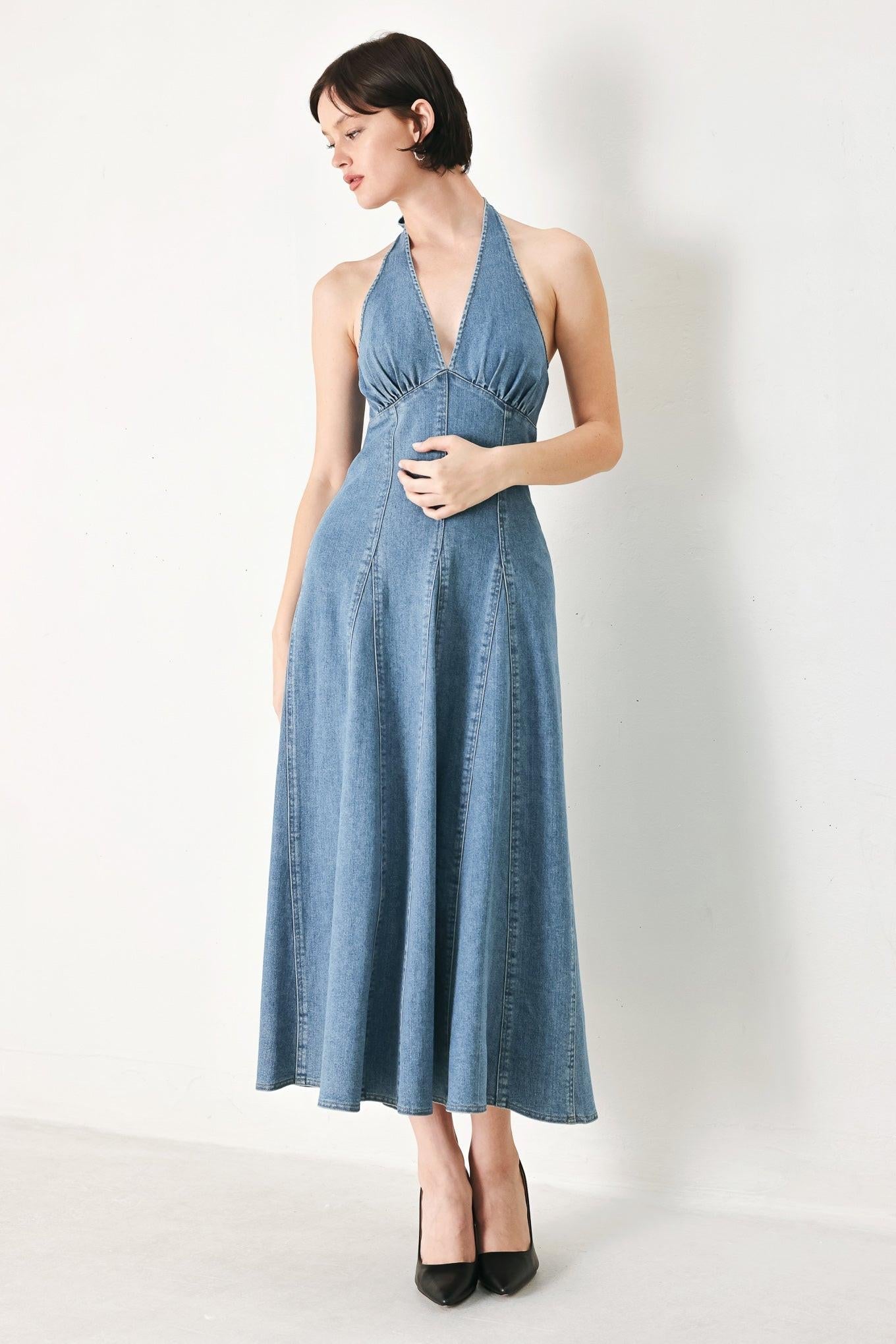 BLUE HALTER DENIM MIDI DRESS