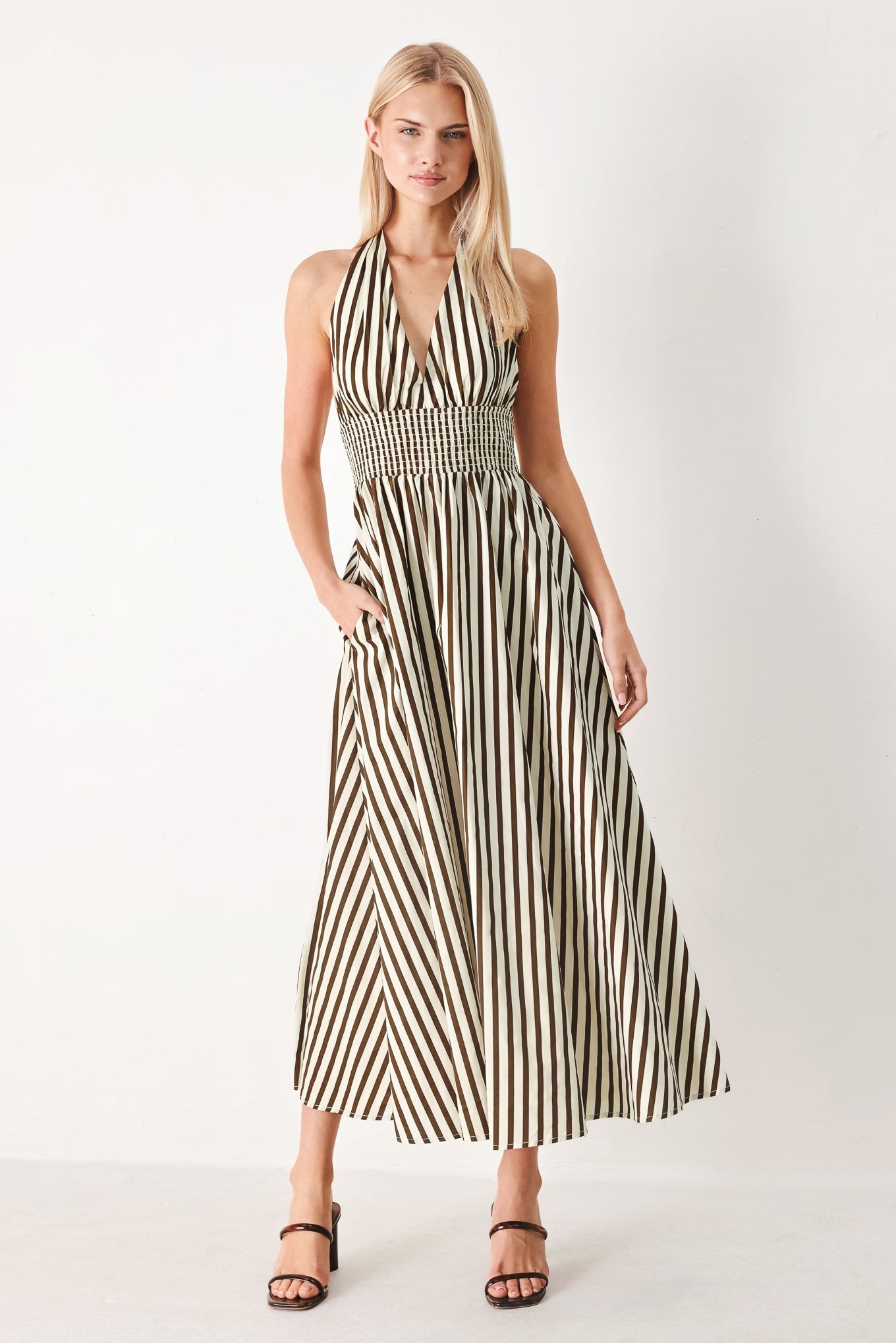 VACATION LINE STRIPED HALTER MIDI DRESS