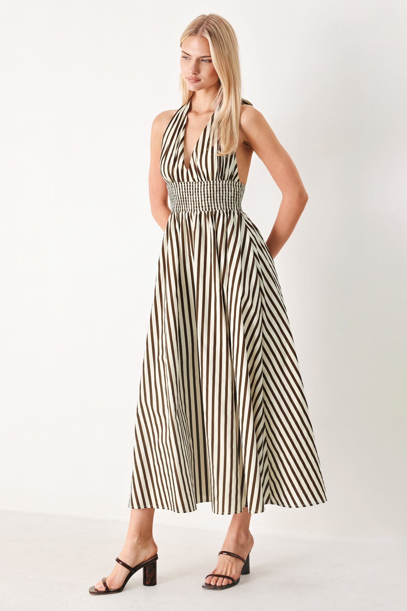 VACATION LINE STRIPED HALTER MIDI DRESS