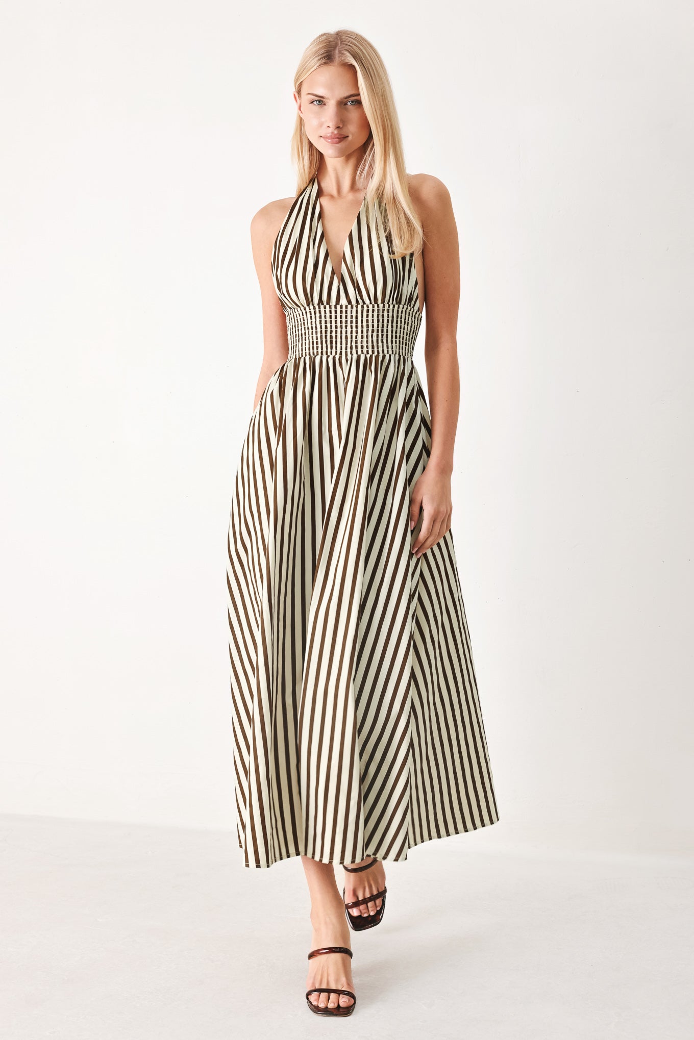 VACATION LINE STRIPED HALTER MIDI DRESS