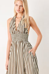 VACATION LINE STRIPED HALTER MIDI DRESS