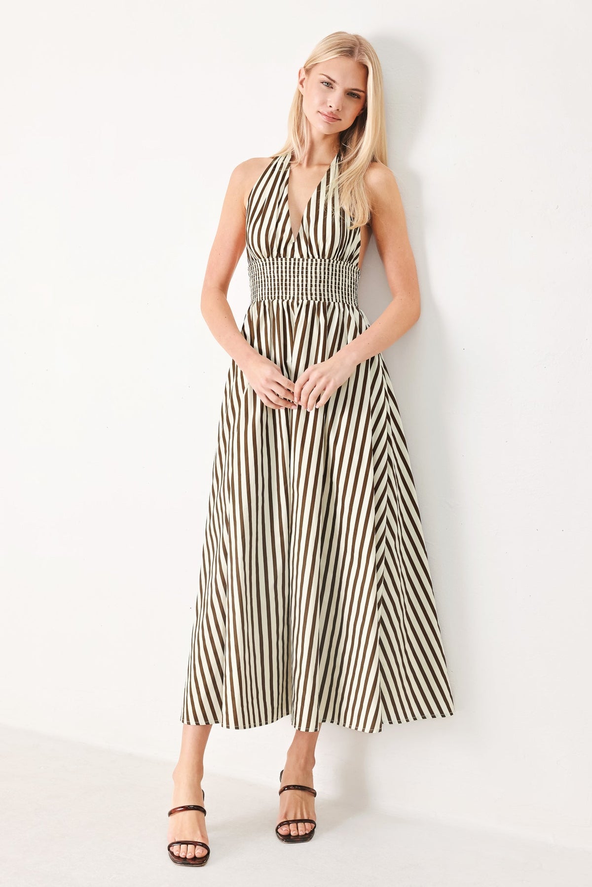 VACATION LINE STRIPED HALTER MIDI DRESS