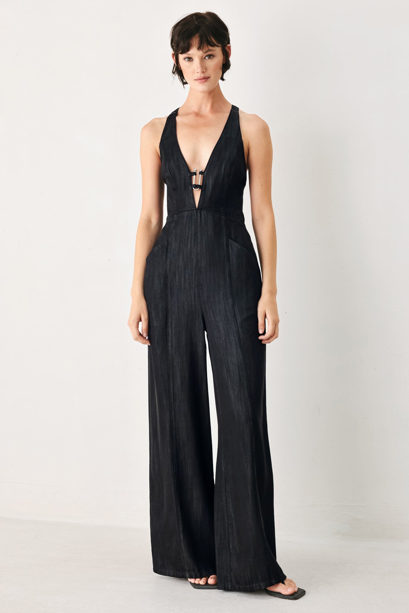 Midnight Muse Halter Jumpsuit - Black Denim