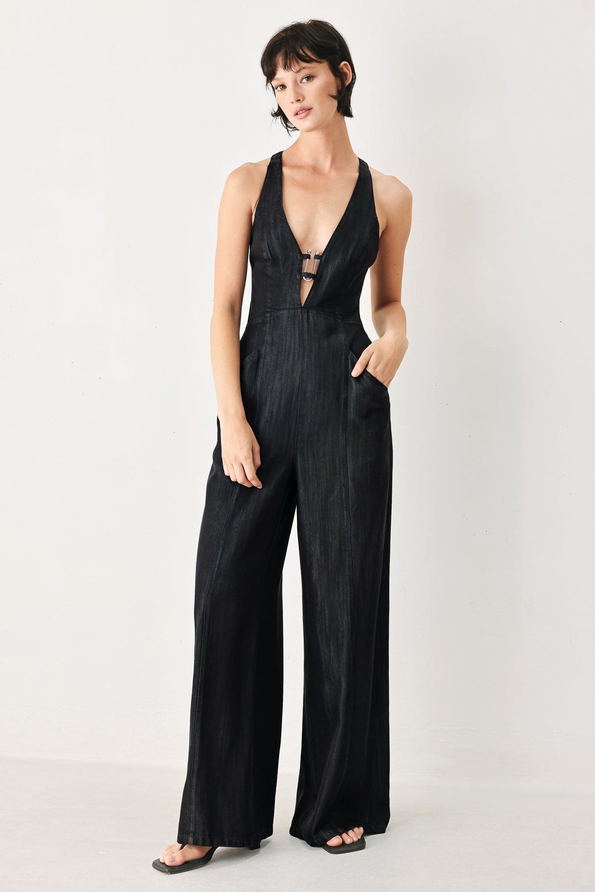 Midnight Muse Halter Jumpsuit - Black Denim