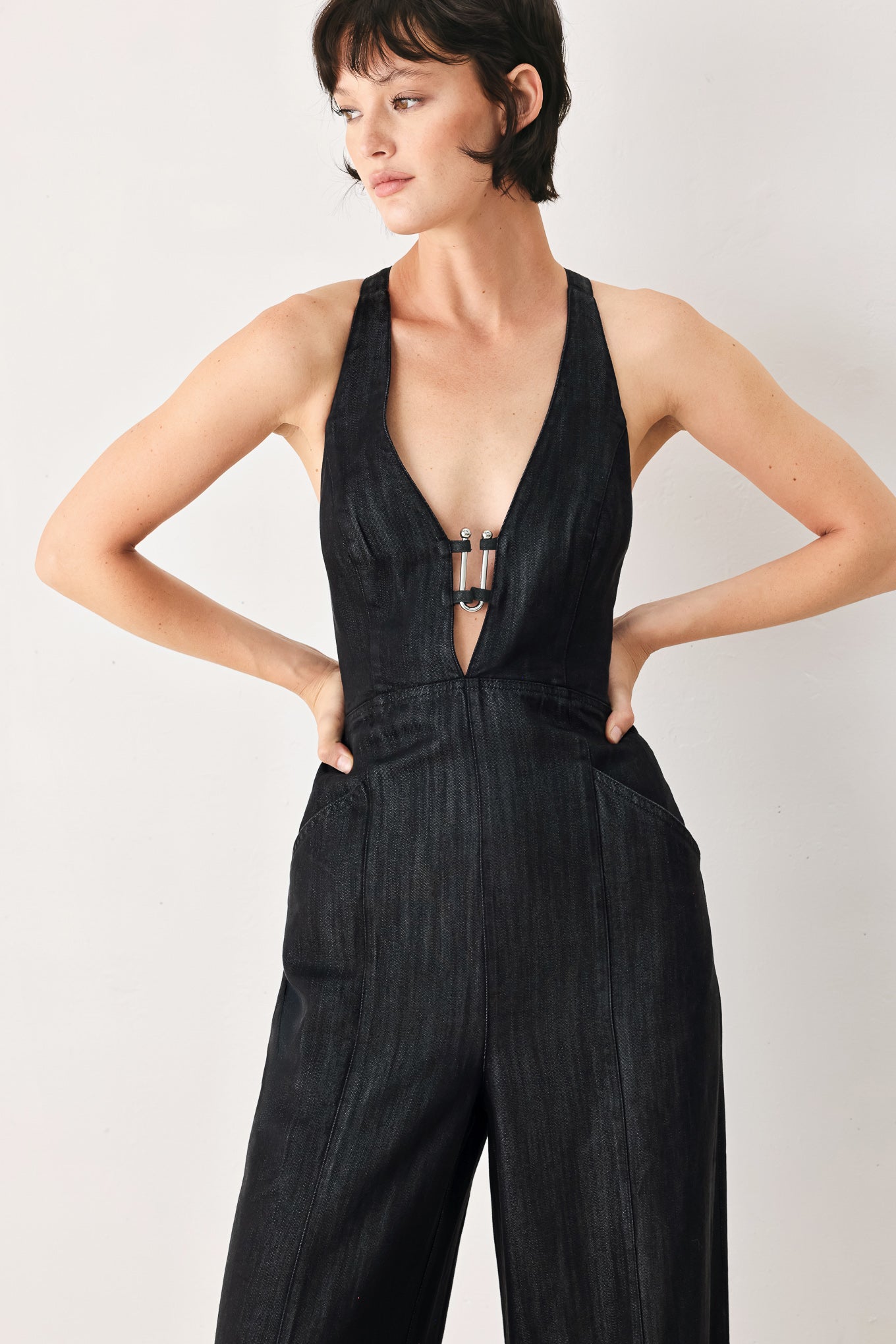 Midnight Muse Halter Jumpsuit - Black Denim