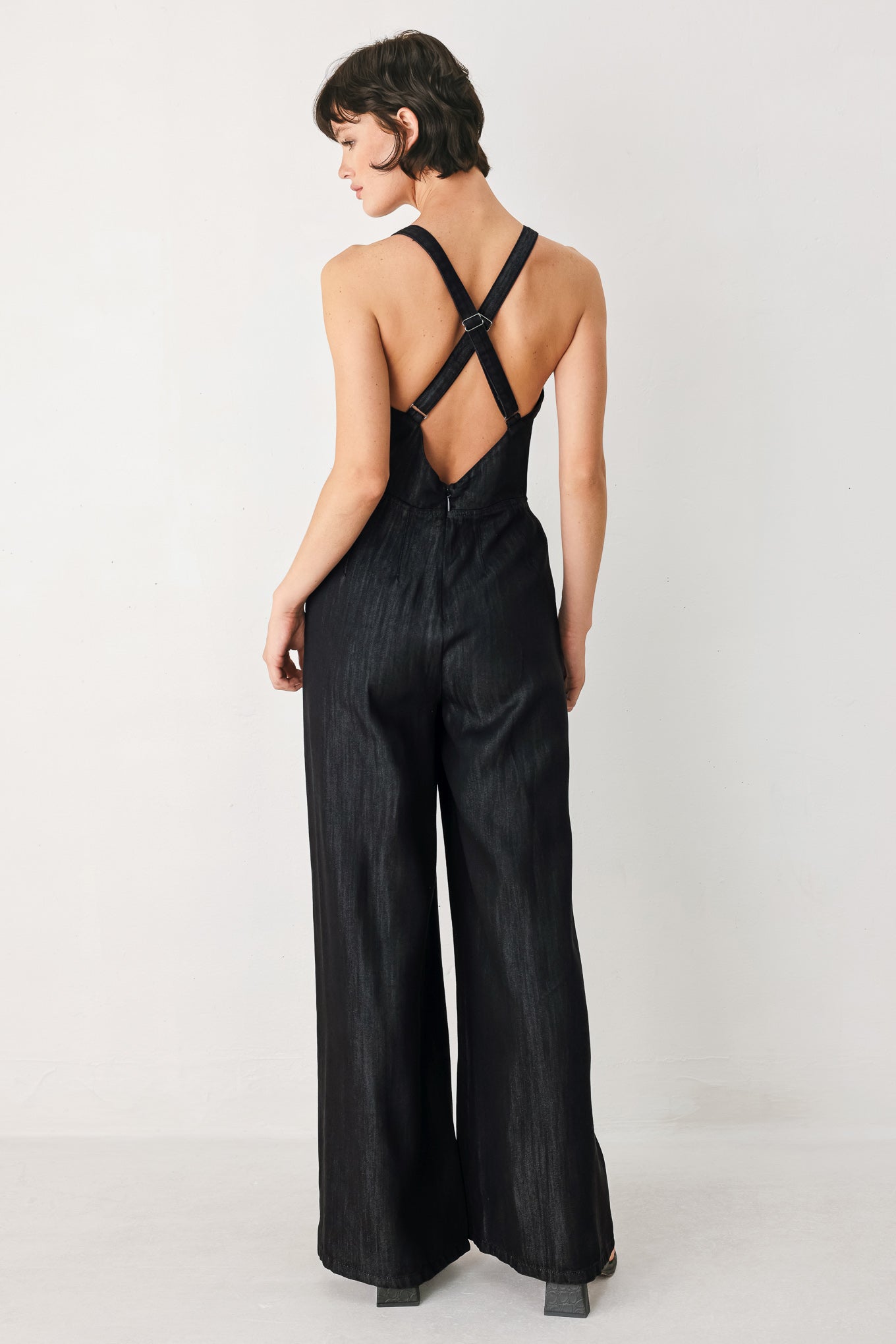 Midnight Muse Halter Jumpsuit - Black Denim