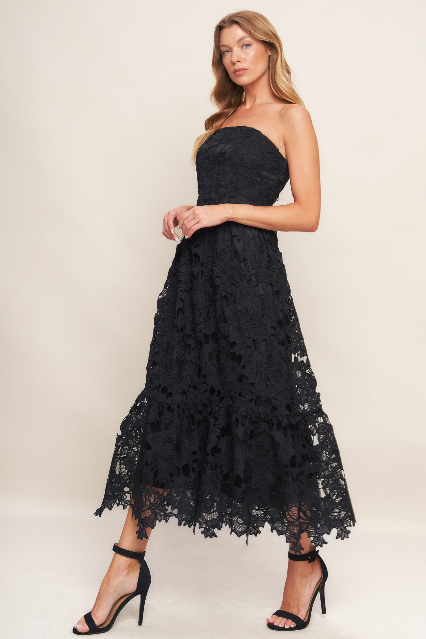 CAREFREE NIGHTS LACE MIDI DRESS - BLACK - FINAL SALE