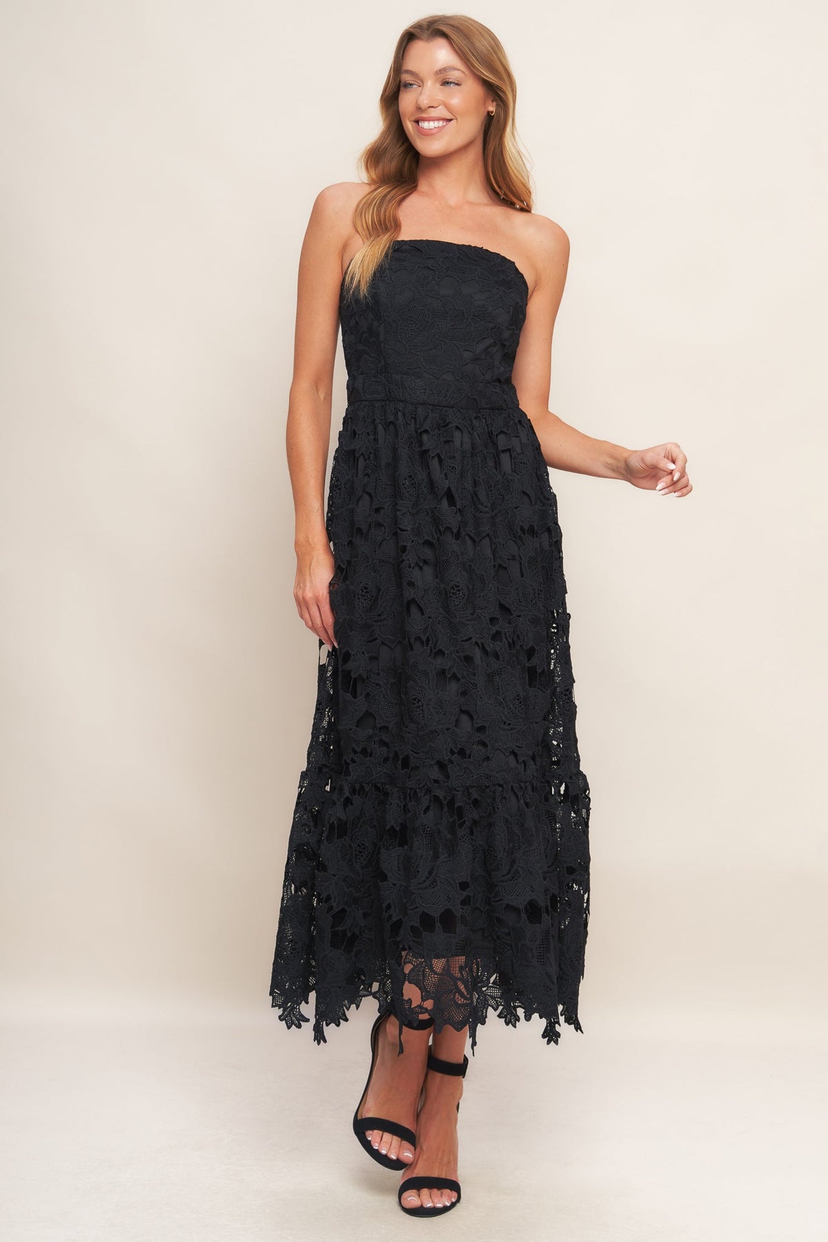 CAREFREE NIGHTS LACE MIDI DRESS - BLACK - FINAL SALE