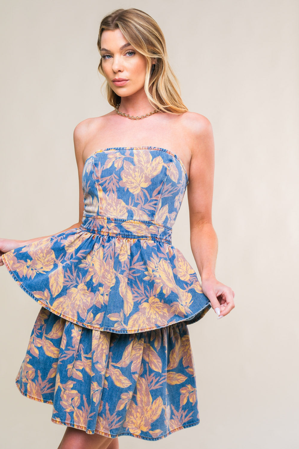 SUMMER MOMENTS - STRAPLESS FLORAL DENIM MINI DRESS - FINAL SALE