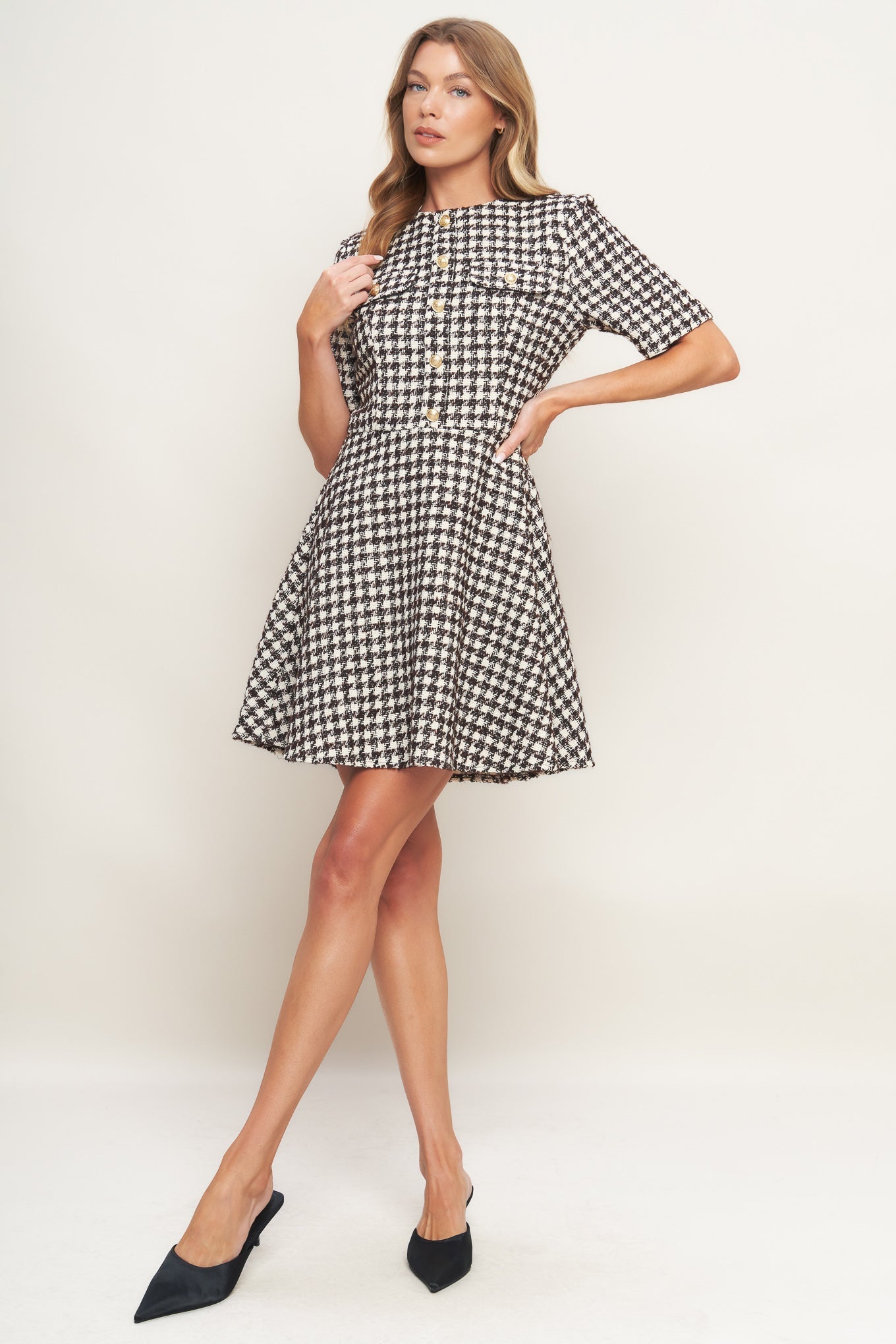 ELEGANT CHECK BROWN TWEED MINI DRESS