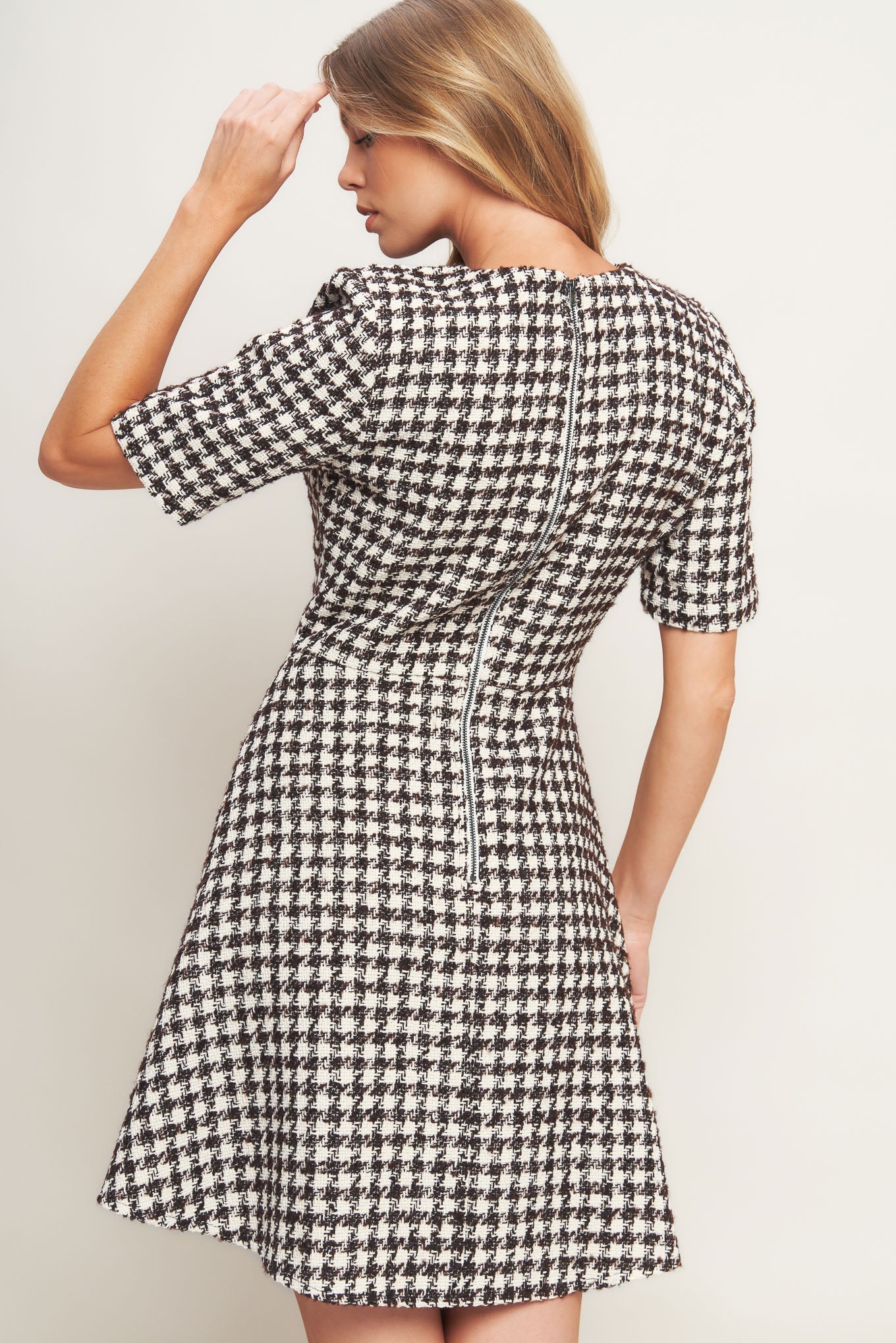 ELEGANT CHECK BROWN TWEED MINI DRESS