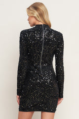 WHIMS OF FATE BLACK SEQUIN MINI DRESS WITH LONG SLEEVES