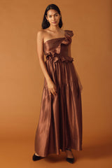 FIND THE ANSWER BROWN SATIN ONE SHOULDER MAXI DRESS
