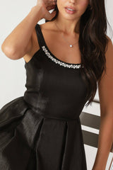 PEARL TRIM BLACK SATIN MIDI DRESS - FINAL SALE