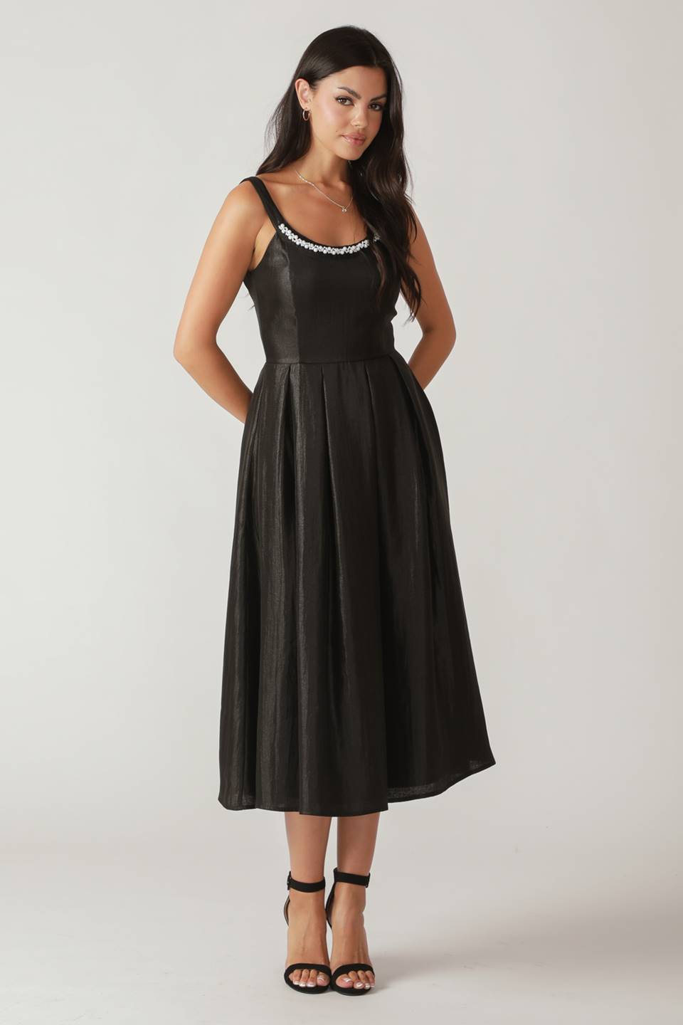 PEARL TRIM BLACK SATIN MIDI DRESS - FINAL SALE