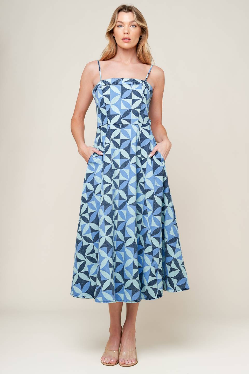 GWENNY - GEOMETRIC BLUE DENIM MIDI DRESS - FINAL SALE
