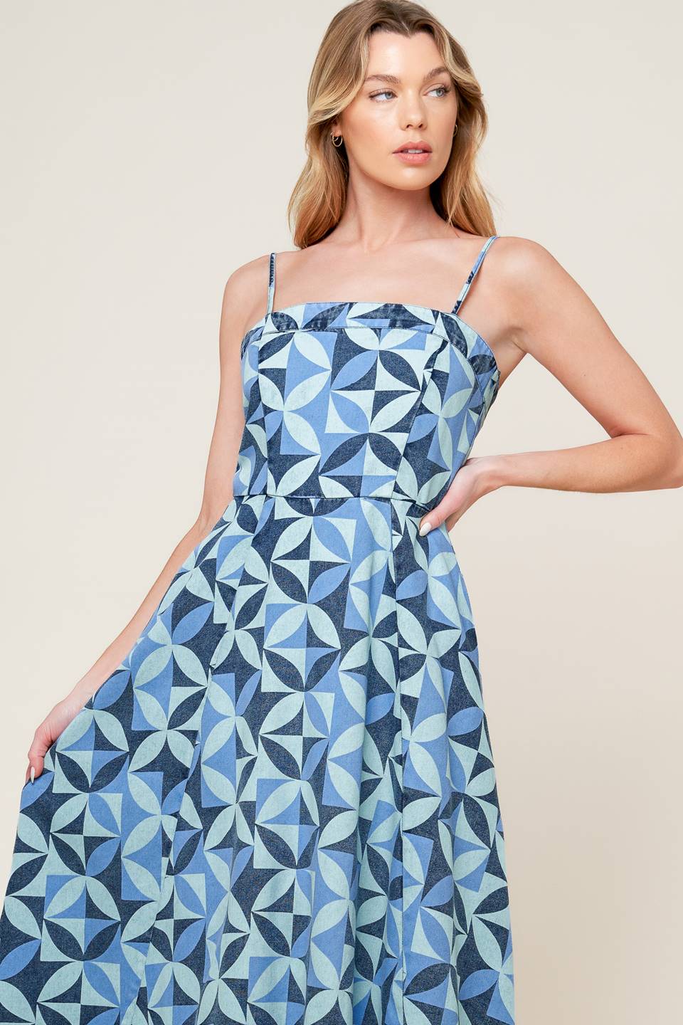 GWENNY - GEOMETRIC BLUE DENIM MIDI DRESS - FINAL SALE