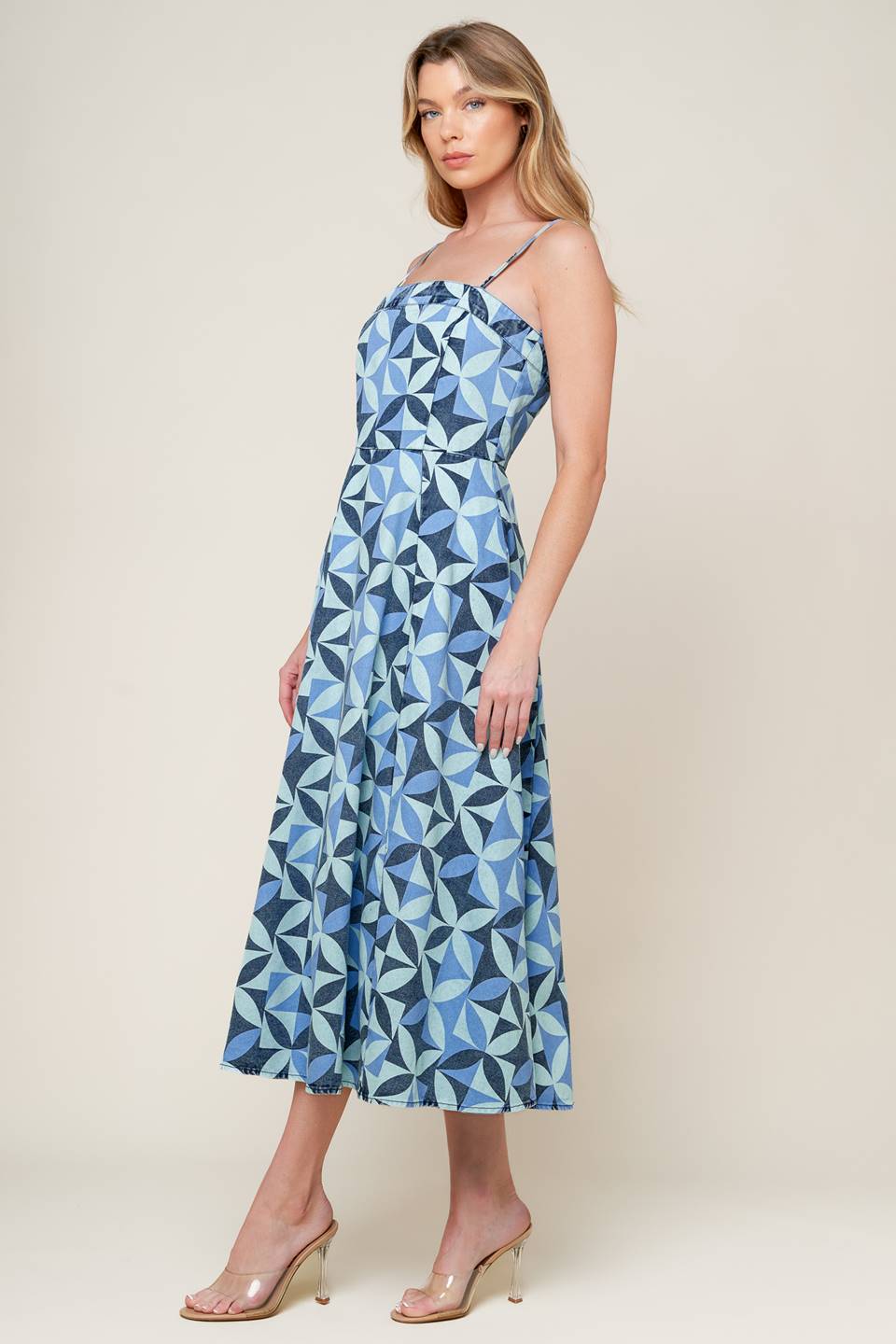 GWENNY - GEOMETRIC BLUE DENIM MIDI DRESS - FINAL SALE