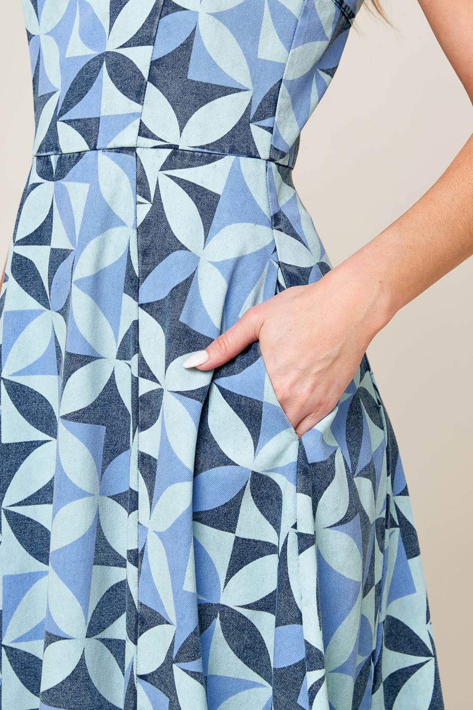 GWENNY - GEOMETRIC BLUE DENIM MIDI DRESS - FINAL SALE