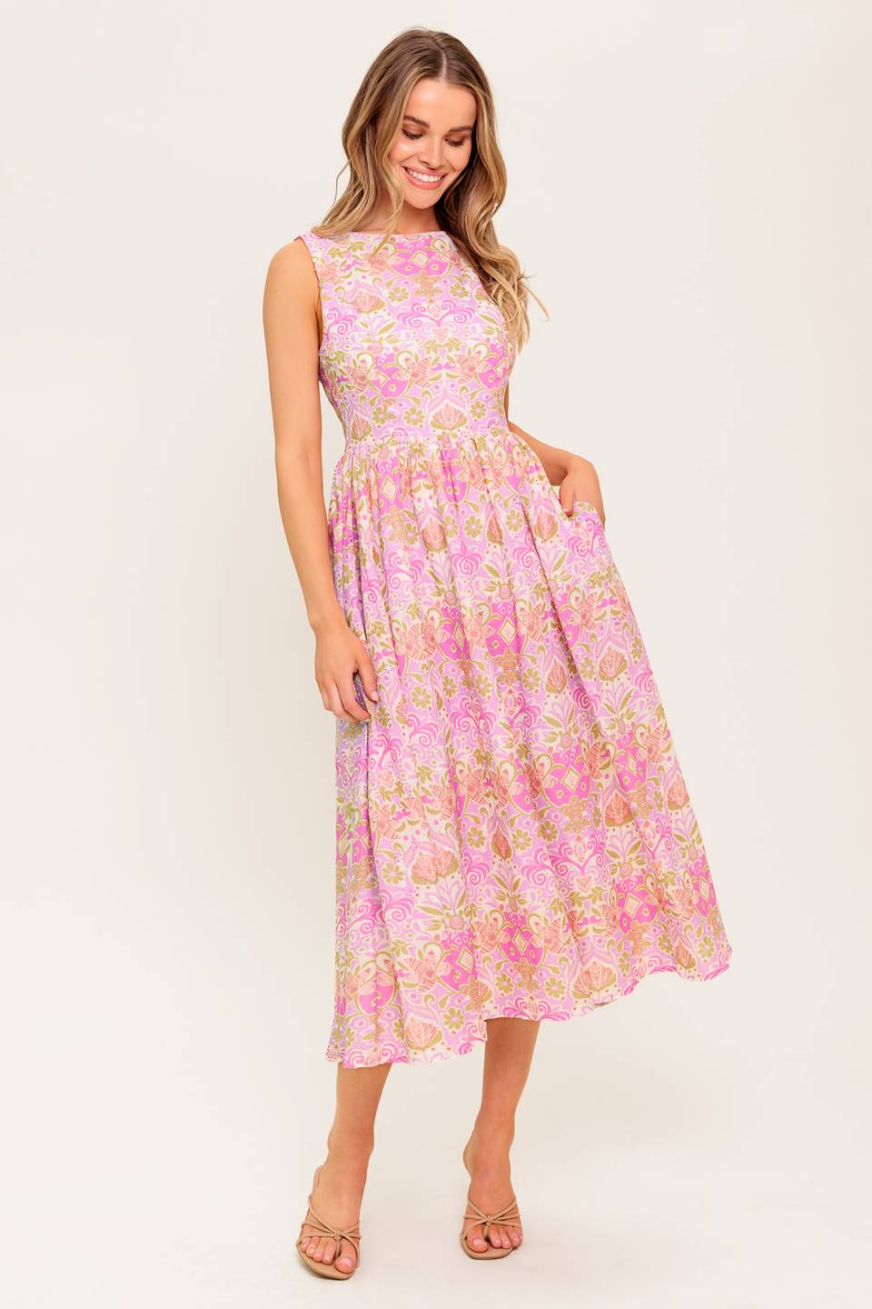 UNDER THE SUN - PINK MIDI DRESS WITH POCKETS - FINAL SALE