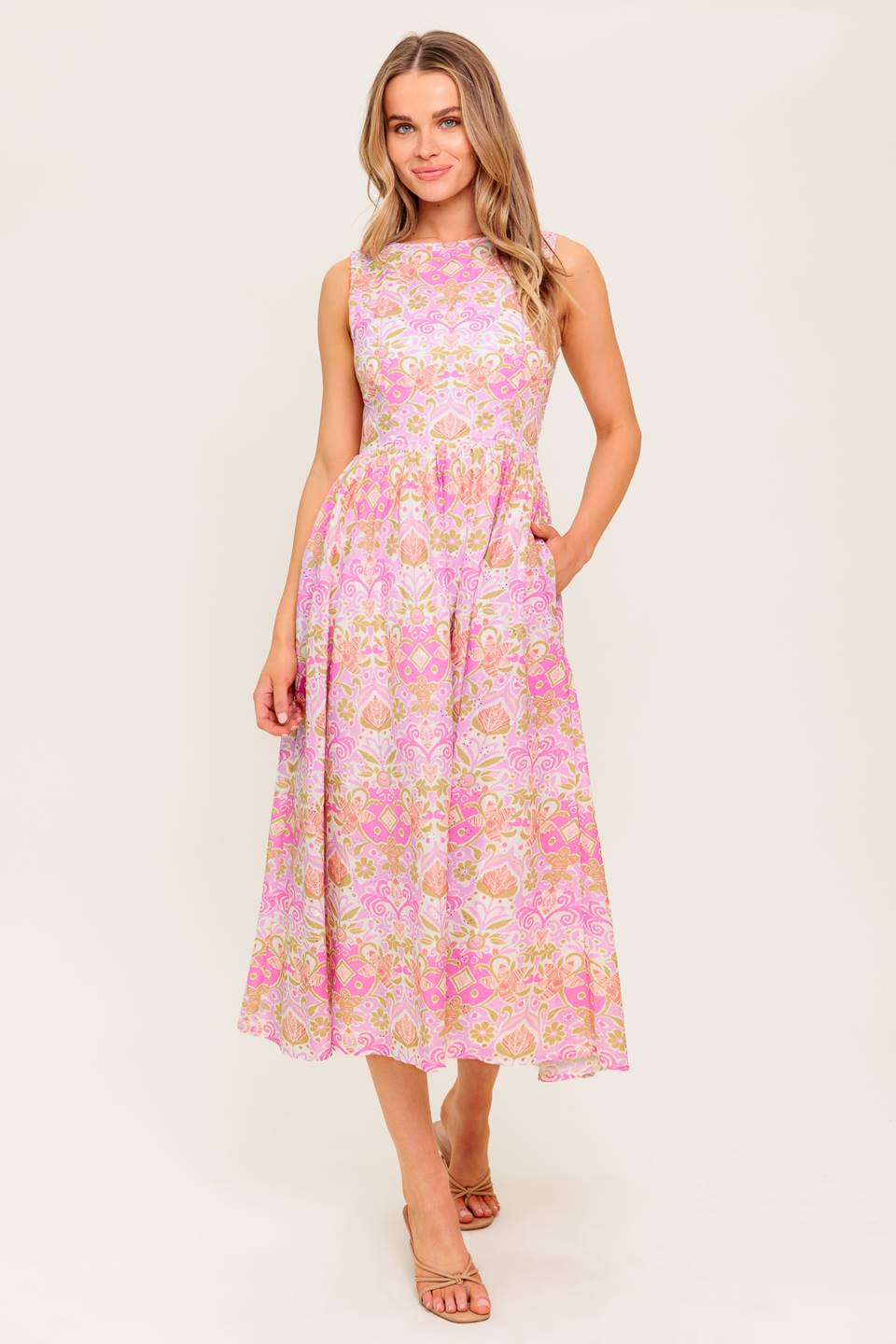 UNDER THE SUN - PINK MIDI DRESS WITH POCKETS - FINAL SALE