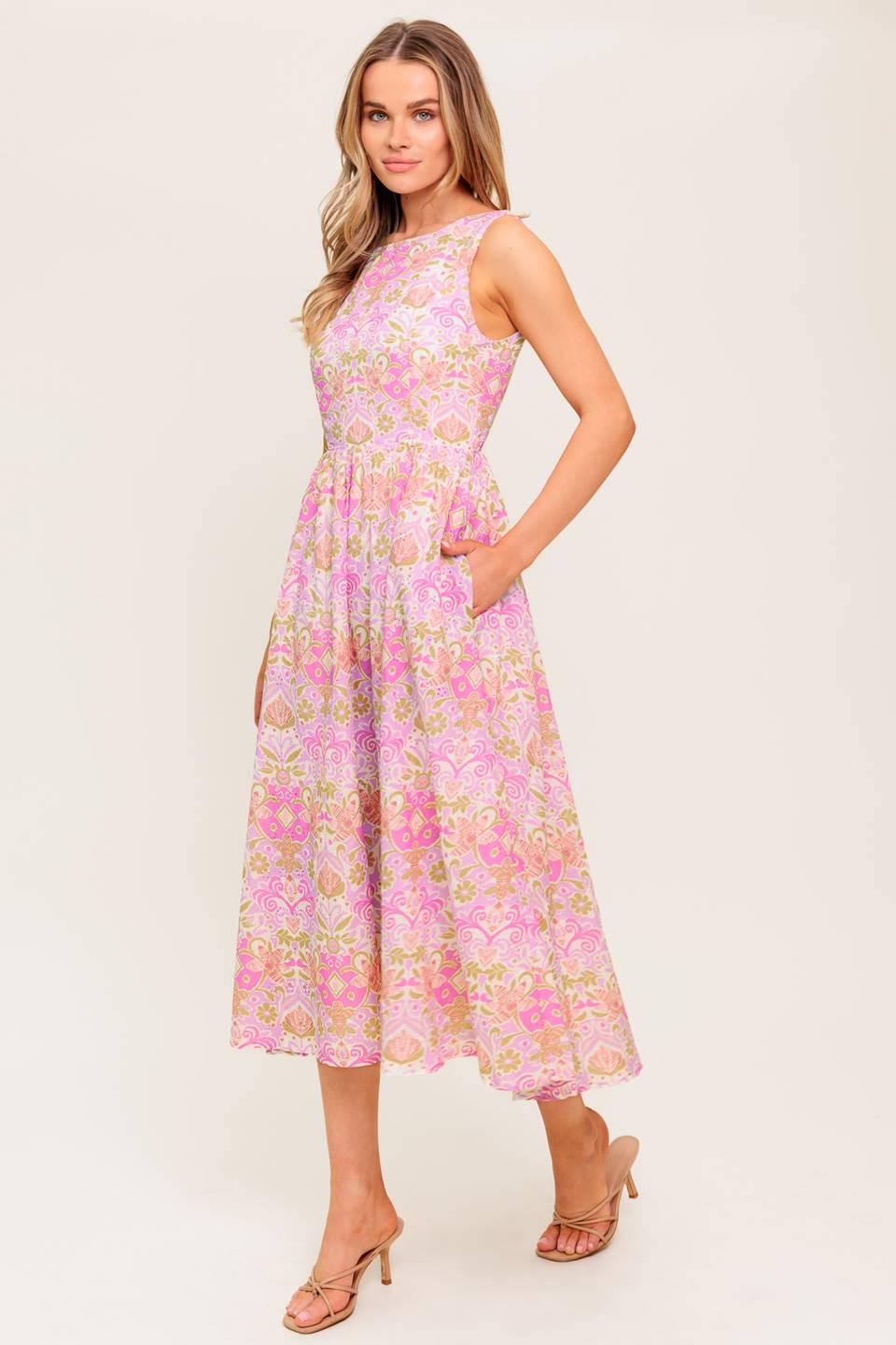 UNDER THE SUN - PINK MIDI DRESS WITH POCKETS - FINAL SALE