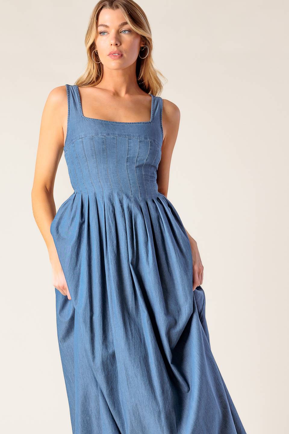 BLUE RIDGE DREAMS PINTUCK DENIM MIDI DRESS