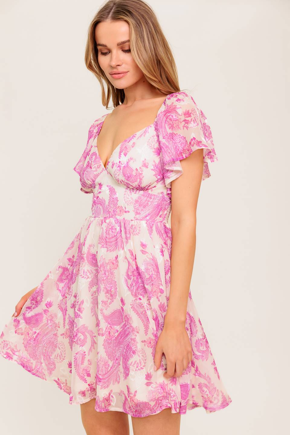 ROMANTIC WALKS FLUTTER SLEEVE MINI DRESS - PINK - FINAL SALE