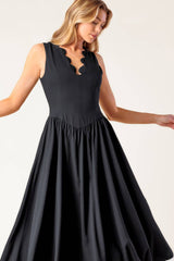 FOR THE RECORD SCALLOP-V MIDI DRESS - BLACK