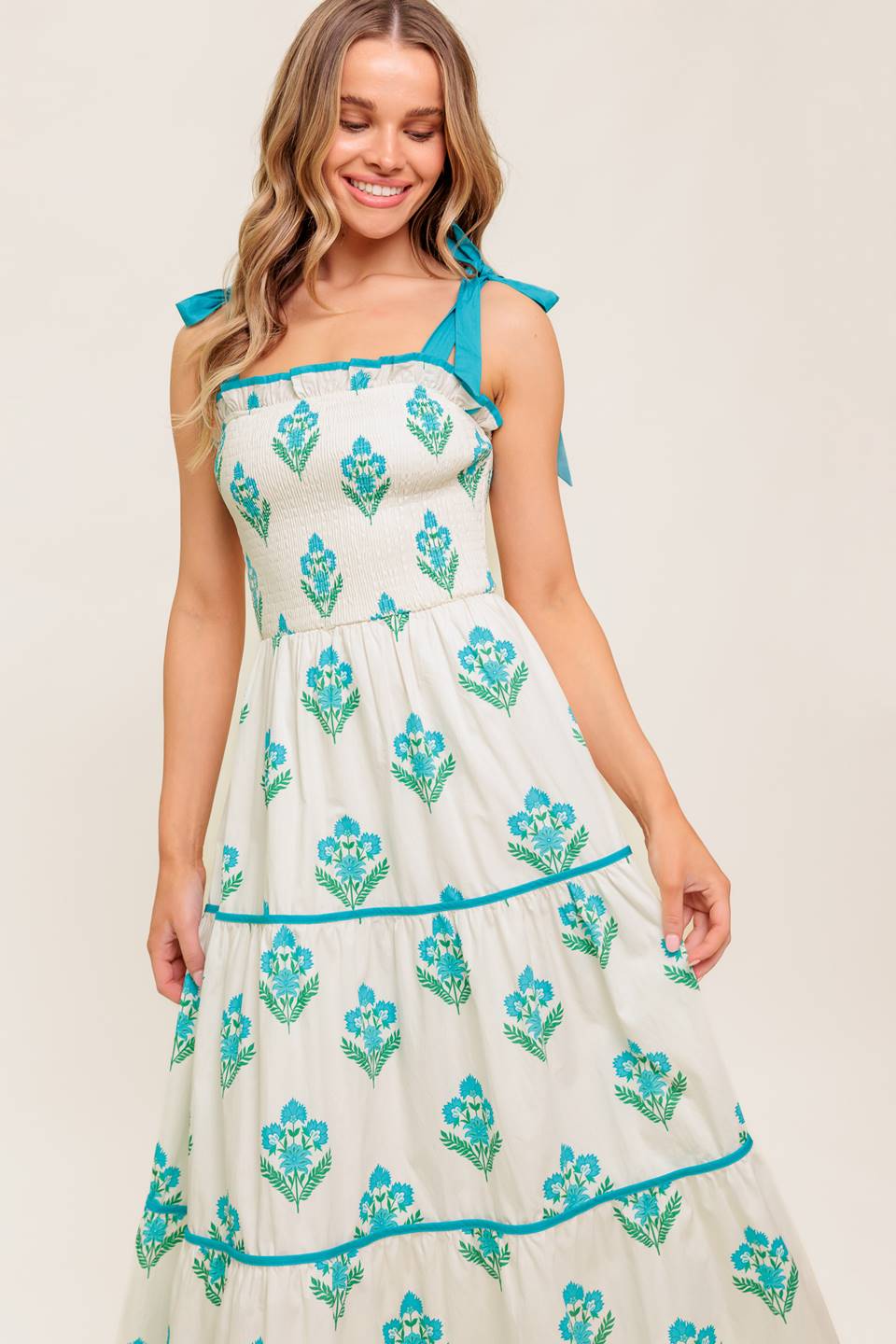BEAUTY IN BLOOM - BLUE TIE STRAP MIDI DRESS