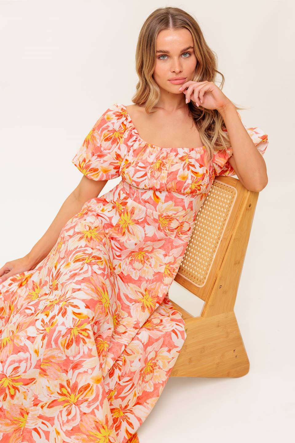 ISLAND FLOWERS PUFF SLEEVE MIDI DRESS - CORAL - FINAL SALE