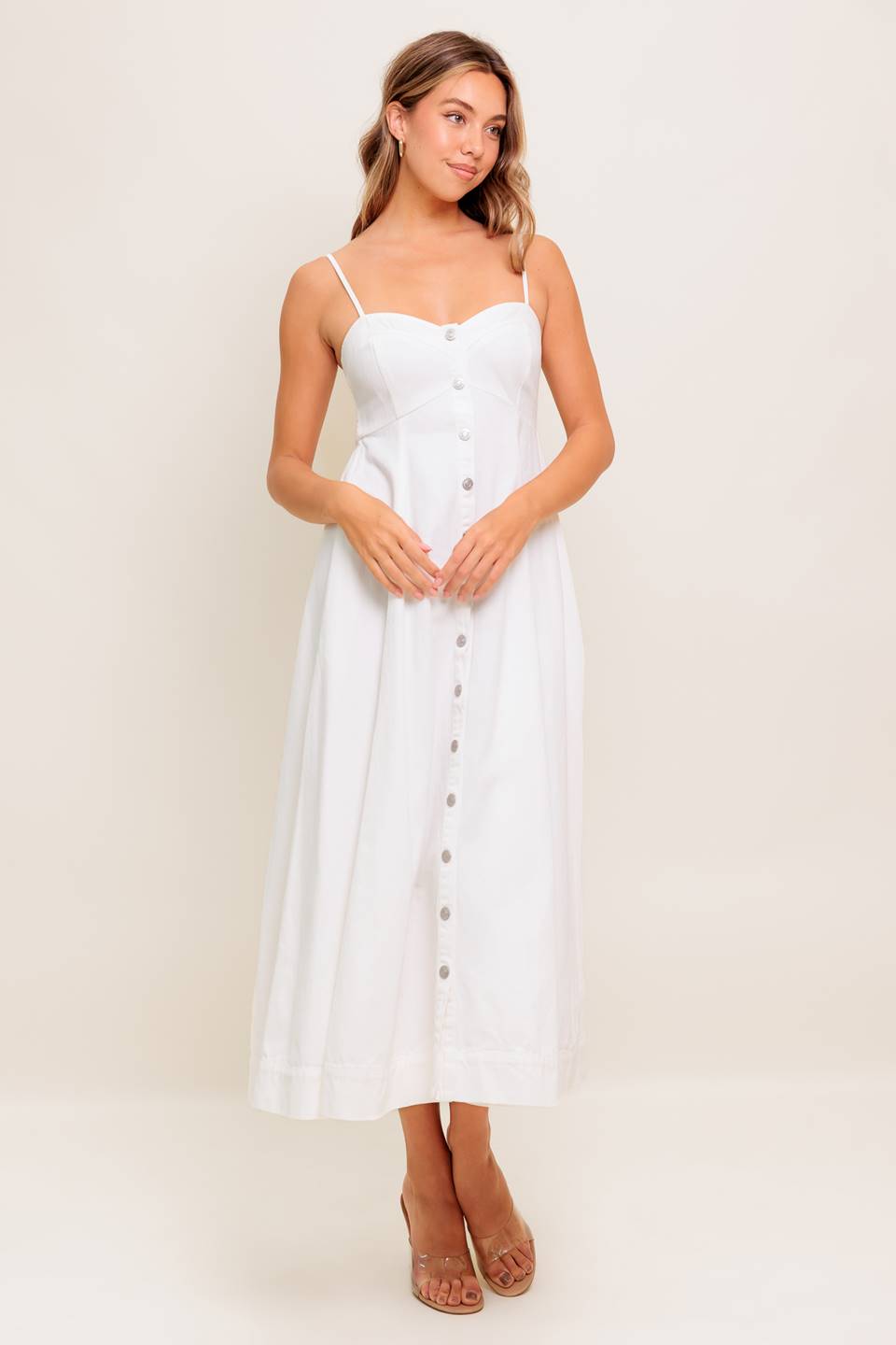 BREE BUTTON DOWN MIDI DRESS - WHITE - FINAL SALE