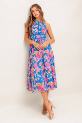 SOLANA MIDI DRESS - BLUE & PINK FLORAL HALTER DRESS