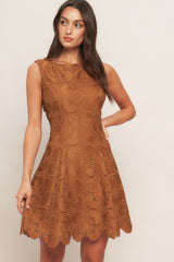 AUTUMN BLOOM LACE MINI DRESS - BROWN