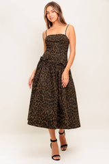SAVANNAH DARK BROWN MIDI DRESS LEOPARD PRINT