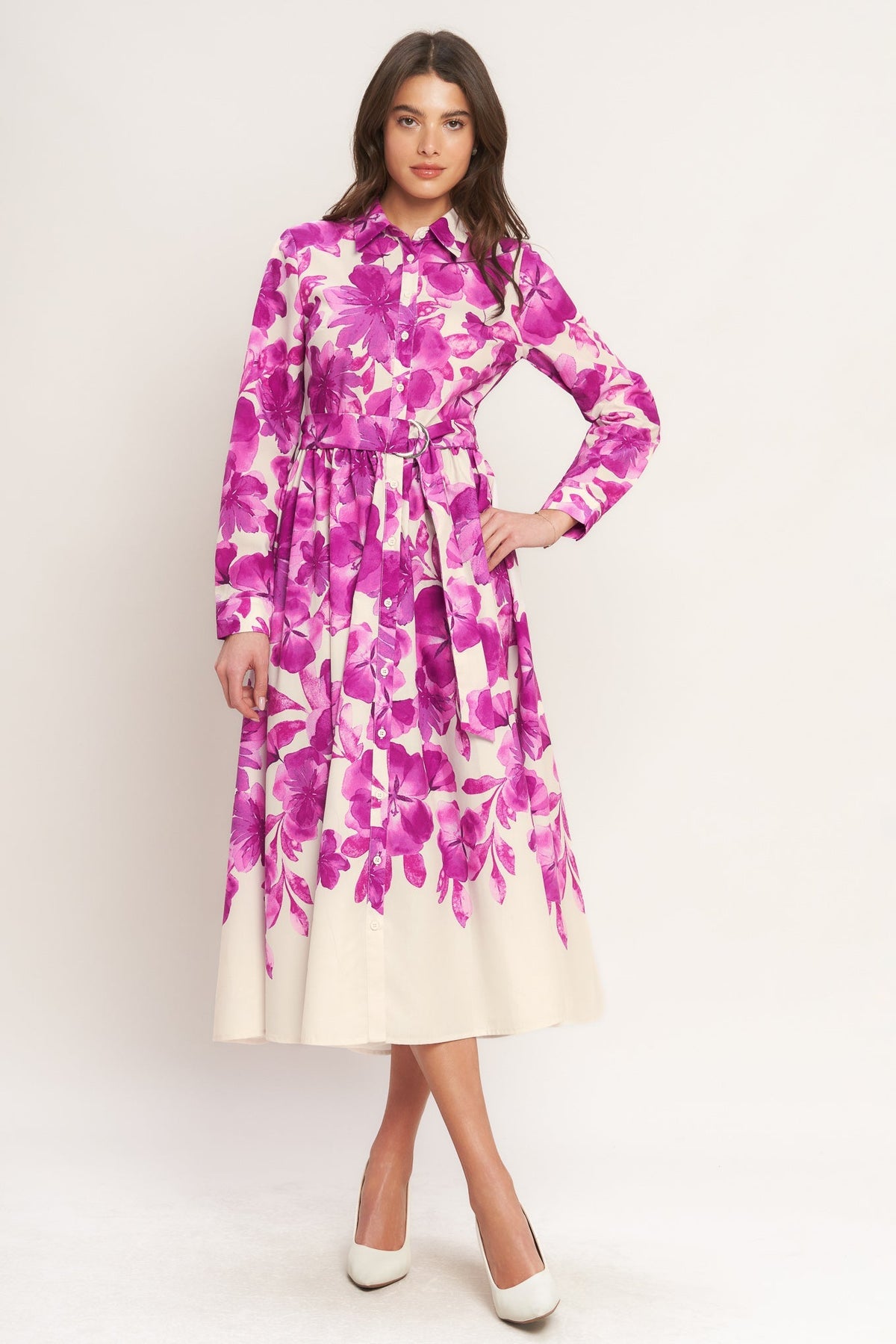 FUCHSIA PETAL FLORAL MIDI SHIRT DRESS