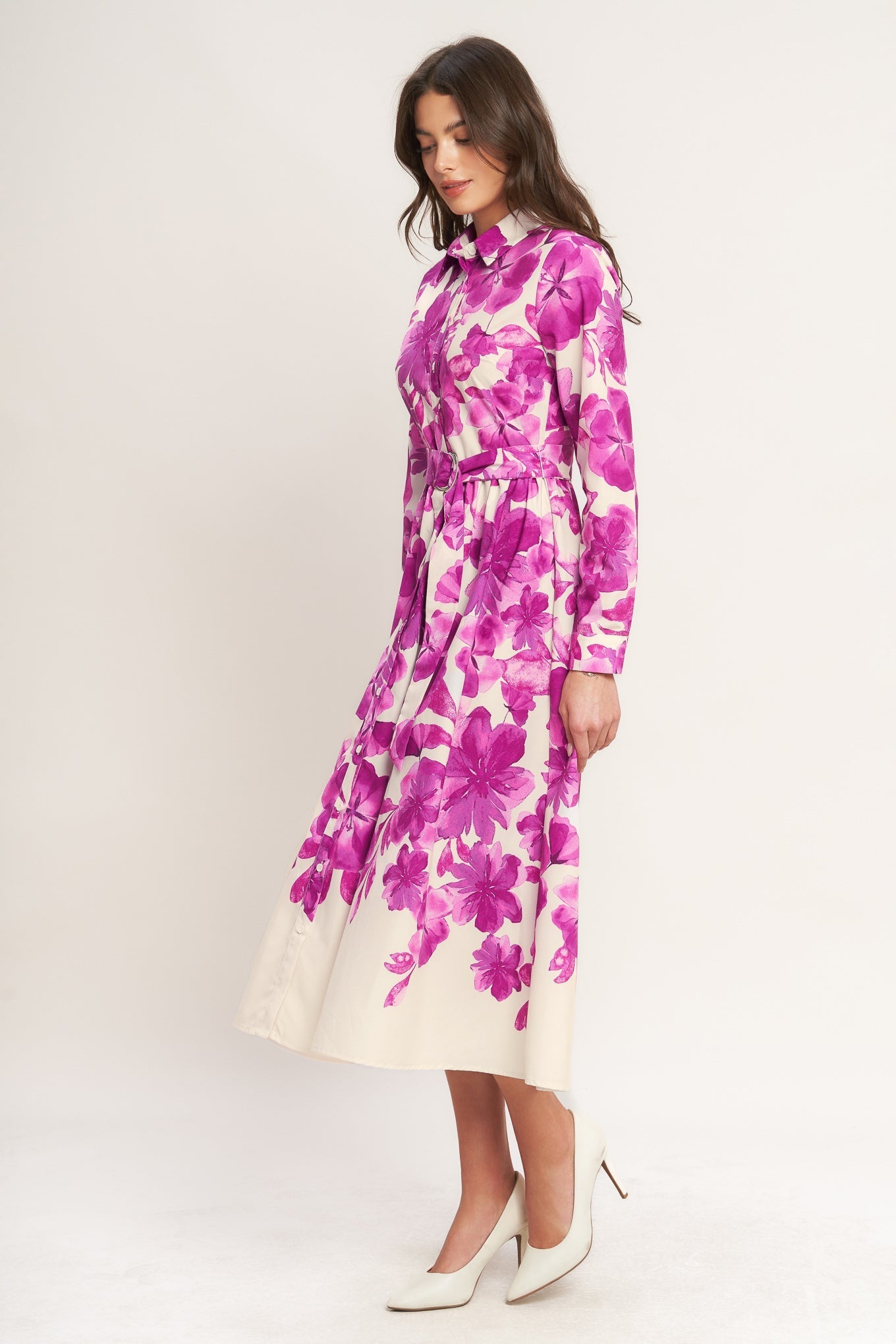 FUCHSIA PETAL FLORAL MIDI SHIRT DRESS