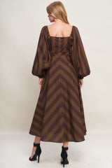 GODDESS BROWN STRIPE LONG SLEEVE MIDI DRESS