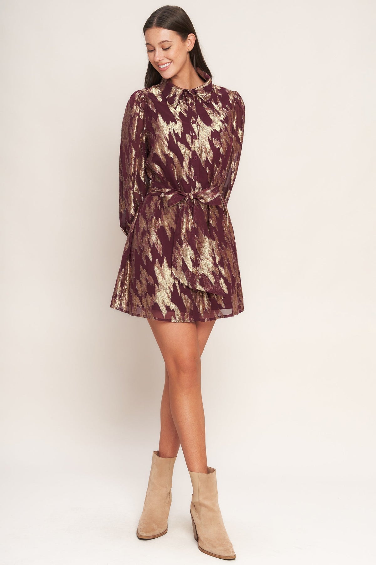 METALLIC MUSE BURGUNDY LONG SLEEVE MINI DRESS