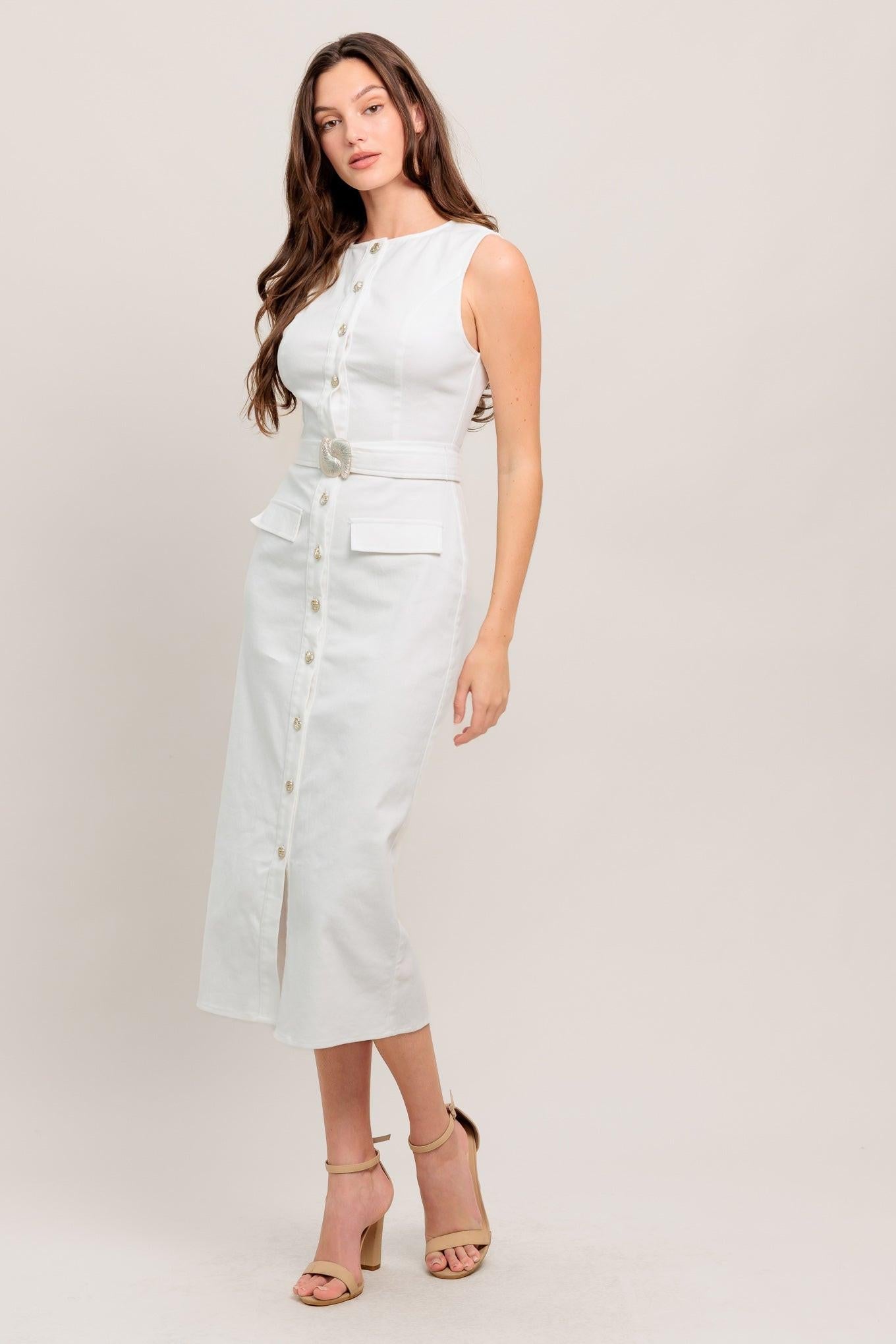 REAL ROMANCE WHITE DENIM MIDI DRESS