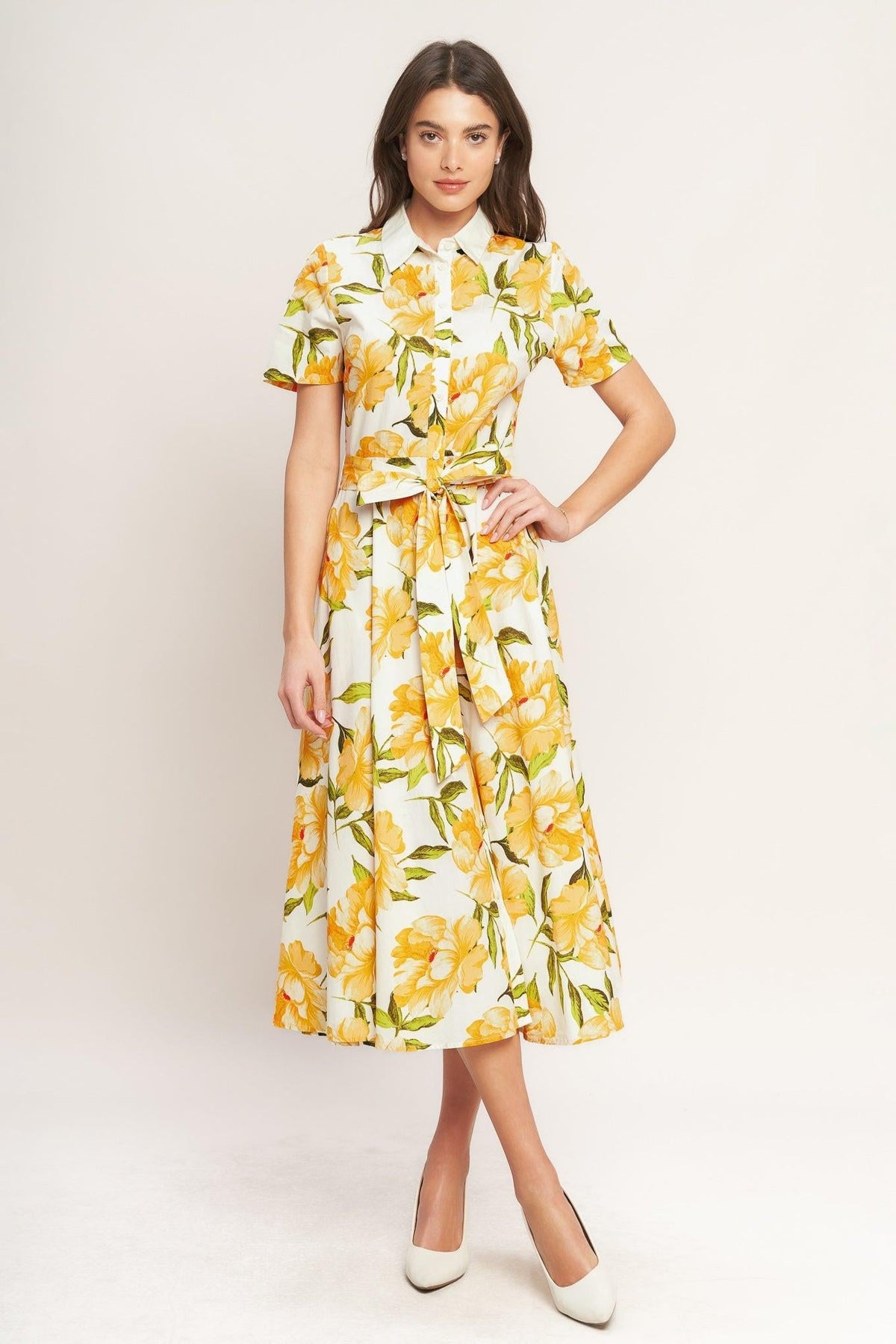 UPLIFTING PALETTE YELLOW FLORAL MIDI DRESS