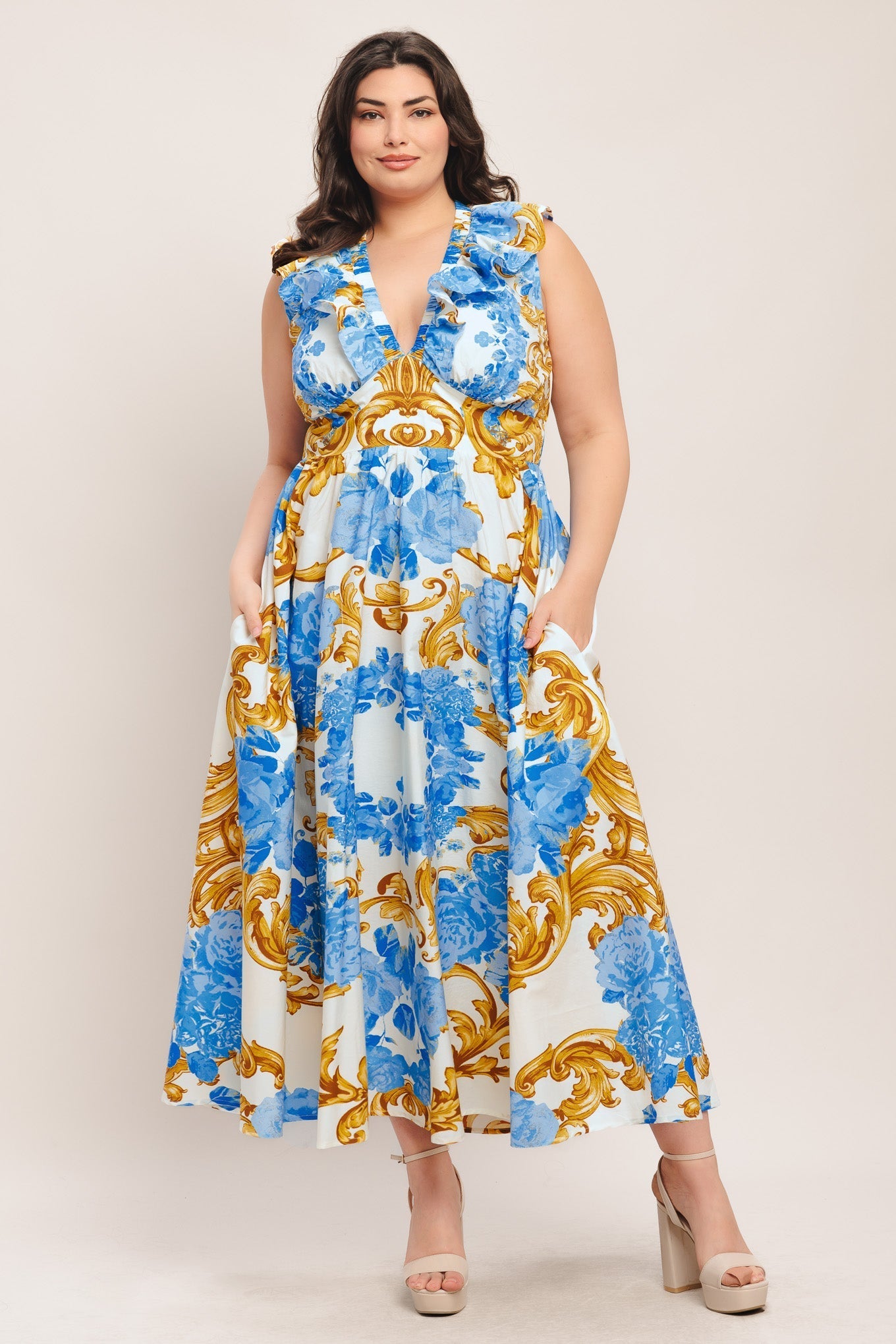 BAROQUE BLOOM BLUE MIDI DRESS - FINAL SALE