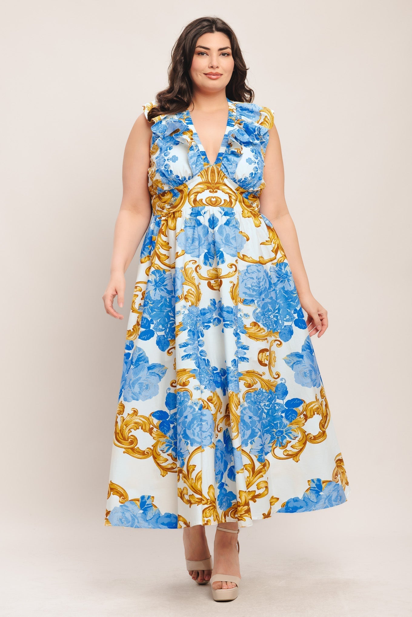BAROQUE BLOOM BLUE MIDI DRESS - FINAL SALE