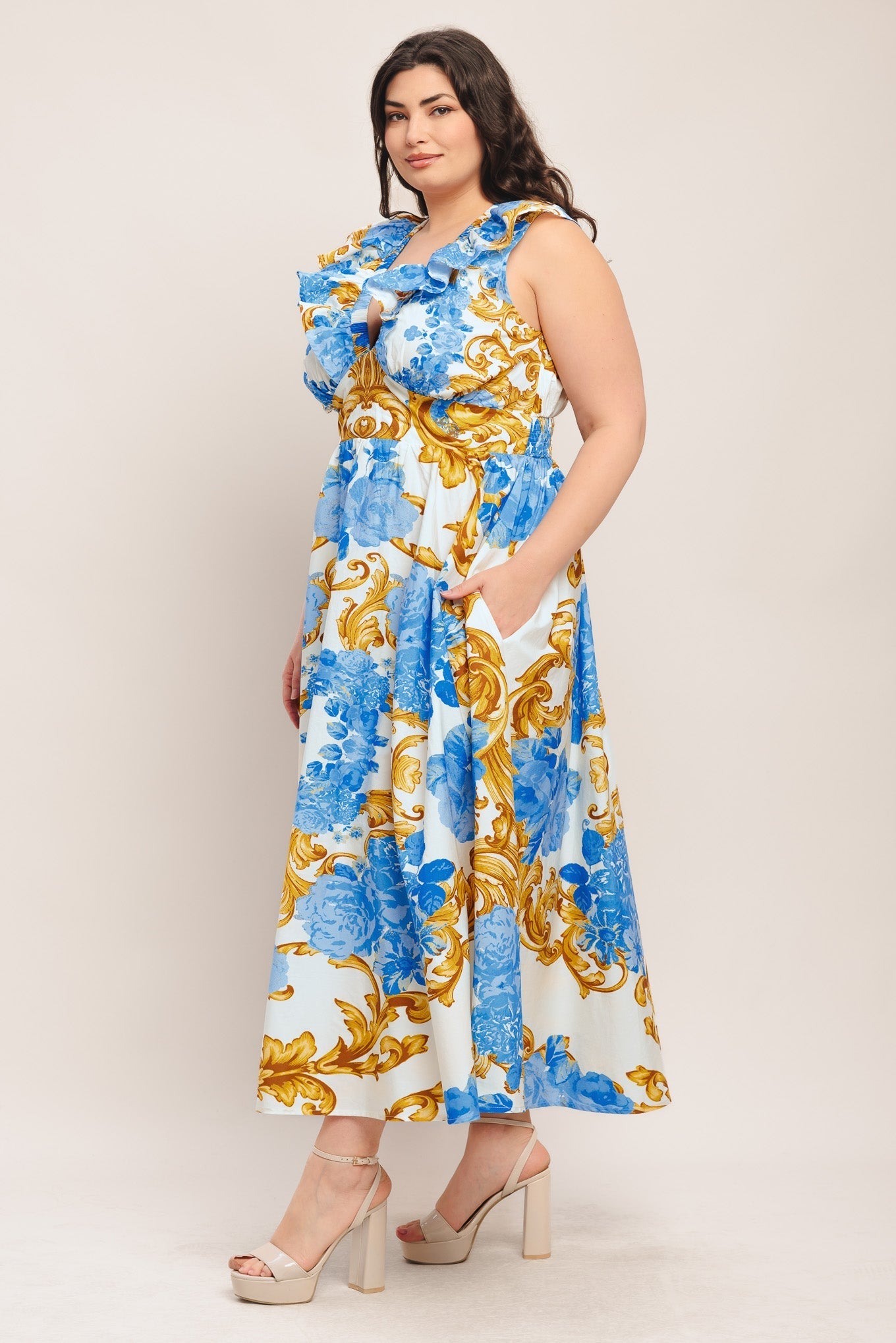 BAROQUE BLOOM BLUE MIDI DRESS - FINAL SALE