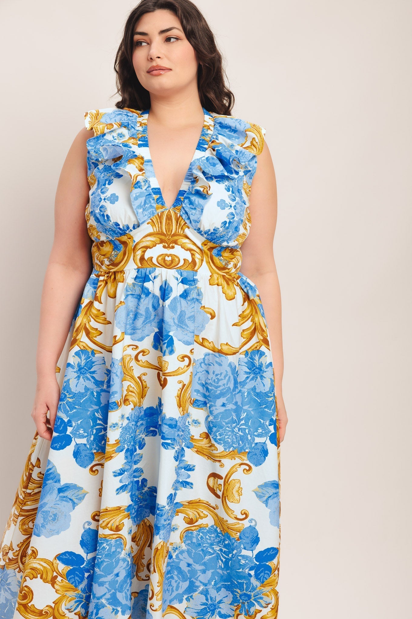 BAROQUE BLOOM BLUE MIDI DRESS - FINAL SALE