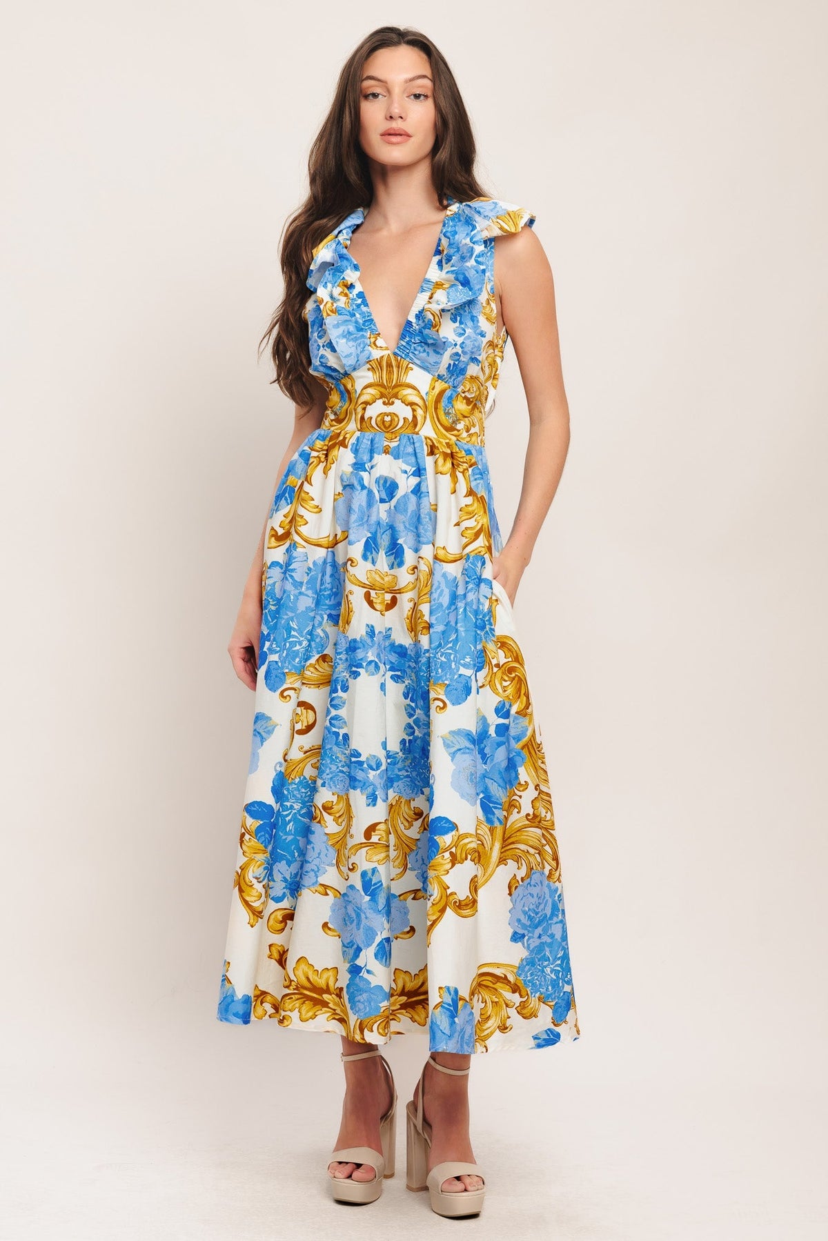 BAROQUE BLOOM BLUE MIDI DRESS - FINAL SALE